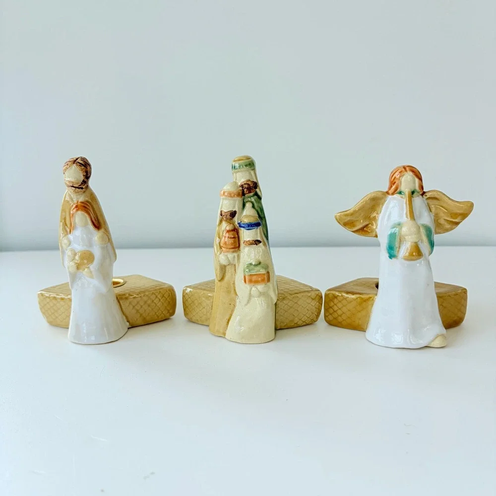 Vintage Ceramic Nativity Candle Holder Set 3pc Holy Family Wise Men Angel Decor